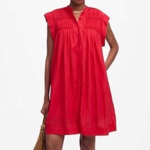 Madewell Red Embroidered Pleated Mini Dress 100% cotton
